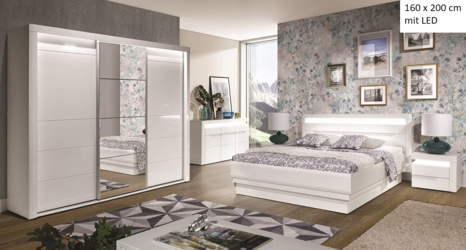 QMM TraumMöbel Schlafzimmer-Set Schlafzimmer komplett Iris Set C 160x200 / 180x200 LED, (Set, 4-tlg, Schiebetürschrank mit LED, Doppelbett 160/180x200, 2 Nachttische), mit LED-Beleuchtung Bild 1