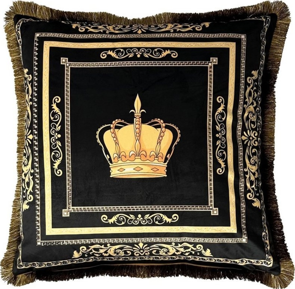 Belle Arti Dekokissen Kissen Zierkissen Sofa Samt 2er Set schwarz gold mit Bezug und Füllung, Löwe, Krone, Fransen, Versteckter Reißverschluss, Samt, Pflegeleicht Bild 1