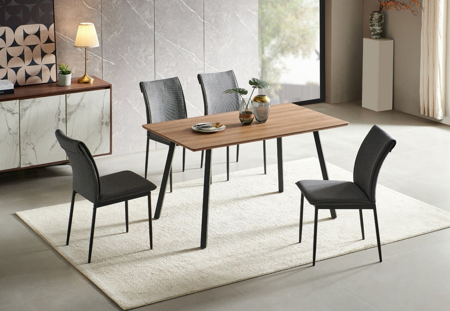 Home Collective Esszimmer-Set mit 4 Stühlen Tisch Küchentisch & Esszimmerstühle Esszimmertisch, Tisch in Eiche Dunkel & 4 Stühle in Hellgrau Bild 1