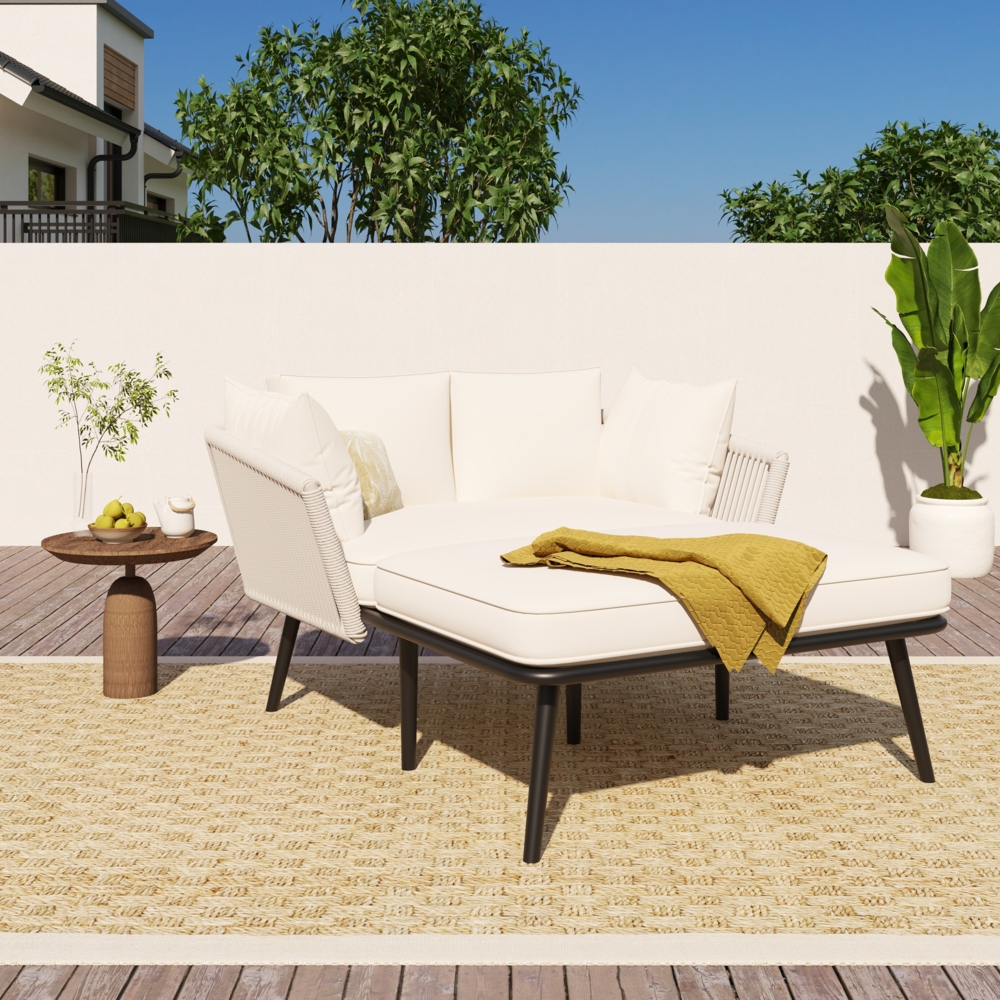 Merax Gartensofa mit 2 Kissen und 2 Polster,Sonnenliege im Außenbereich, Gartenlounge, Balkonmöbel-Set, Loungemöbel, Terrassenmöbel, Beige Bild 1