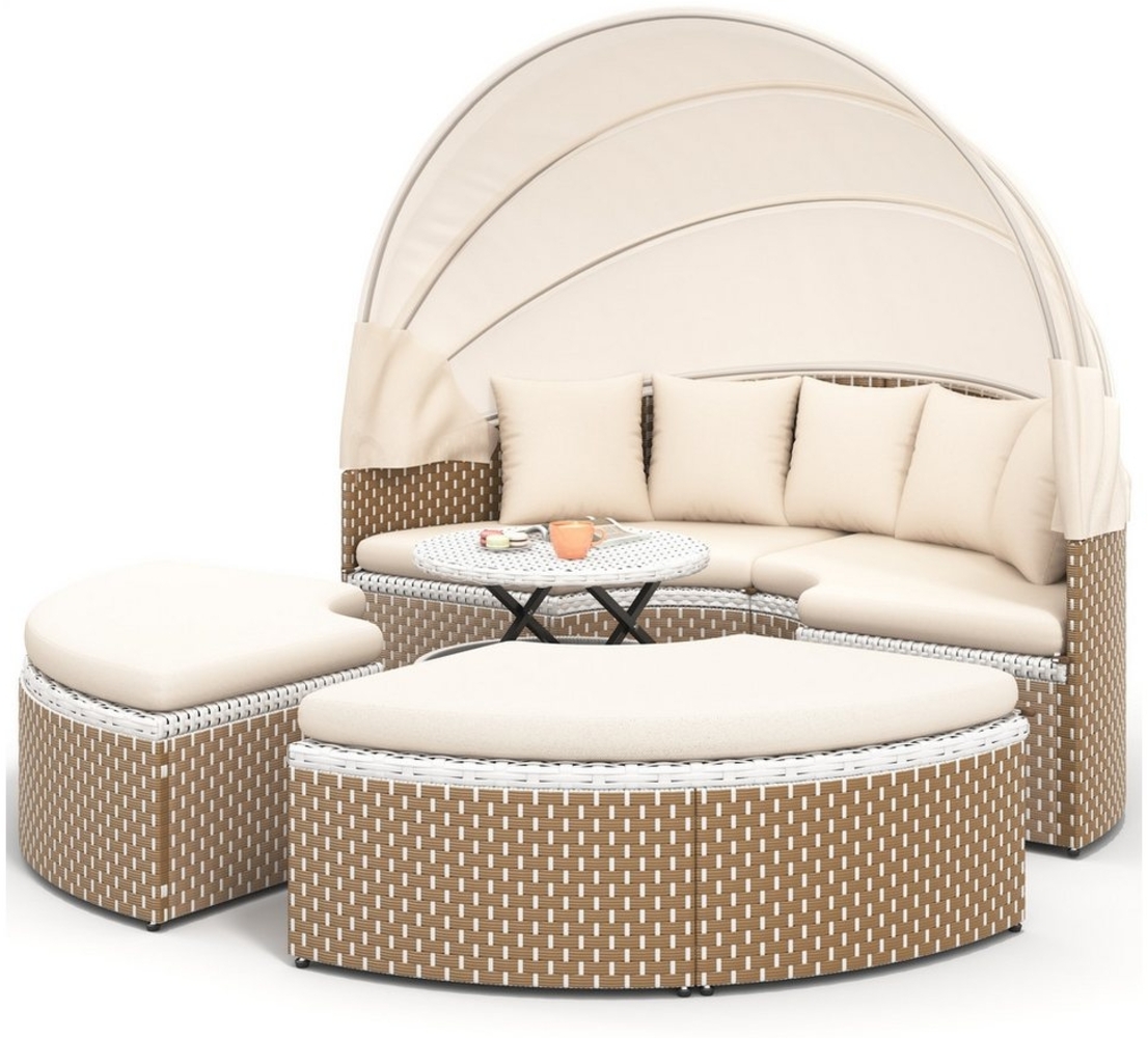 i@home Gartenlounge-Set Sonneninsel, Rattan-Gartentisch und Stühle-Set, (Terrassenliegen für Garten, Pool, Bis 150 kg belastbar, 4-tlg), 2-Sitzer mit Baldachin, 2 Hocker, 1 höhenverstellbarer Tisch Bild 1