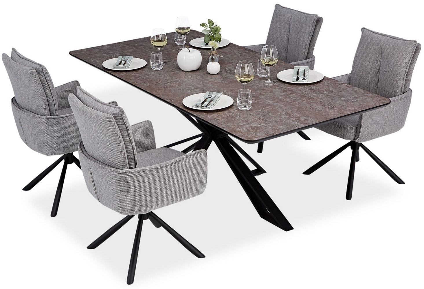 Esstisch mit 4 Stühlen Set Essgruppe Polsterstühle Drehbar Grau Esszimmertisch 200x100 cm Metall Braun Schwarz Bild 1