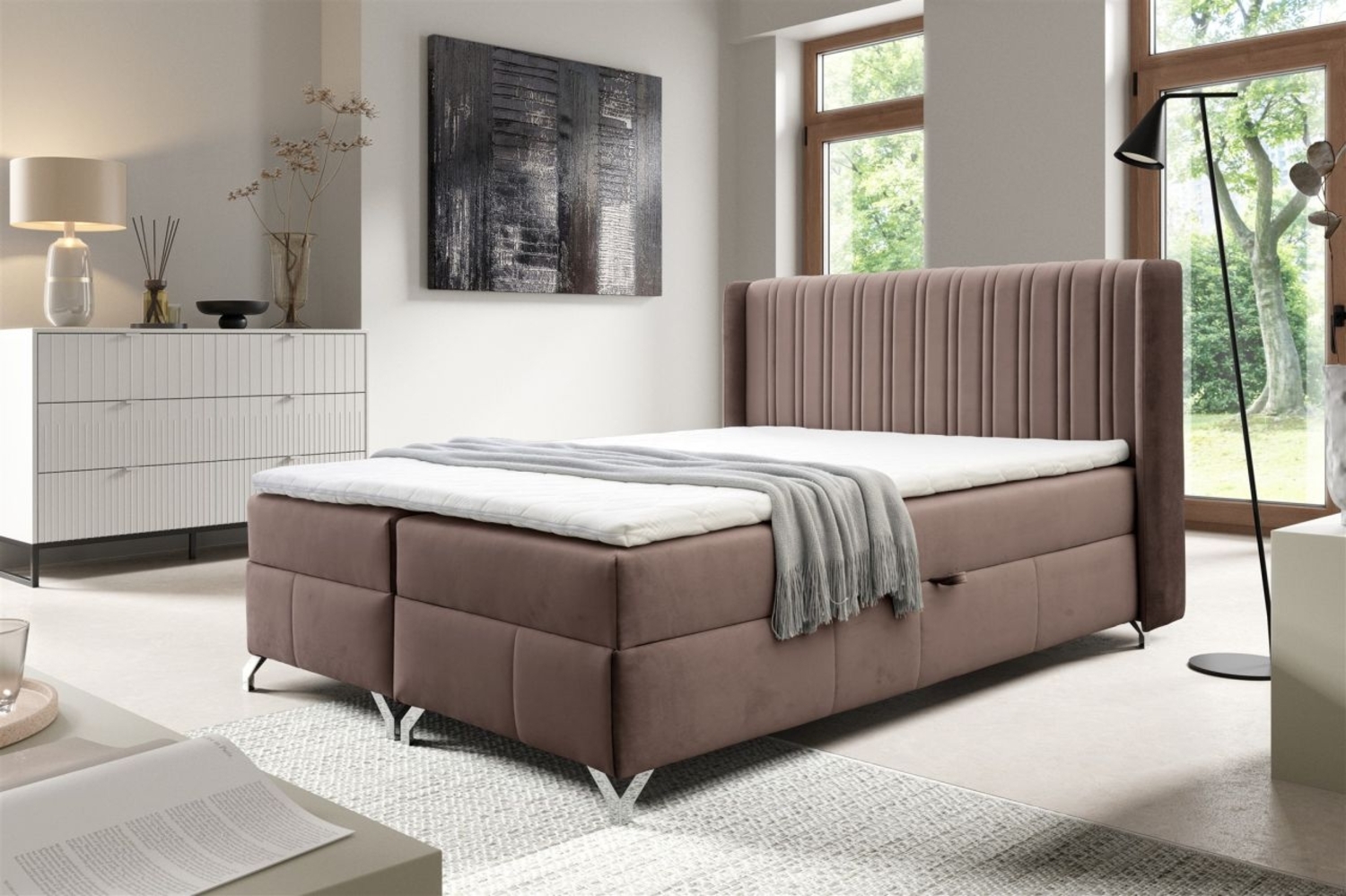 Boxspringbett Schlafzimmerbett DAMIEN 160x200 cm Stoff Salvador Schokobraun Bild 1