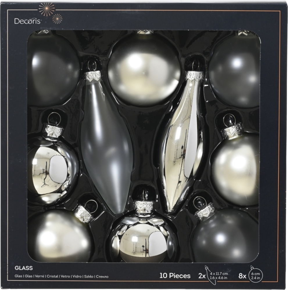 Decoris Weihnachtskugeln mit Tropfen-Ornamente aus Glas Ø 6 cm silber 10 Stück Bild 1