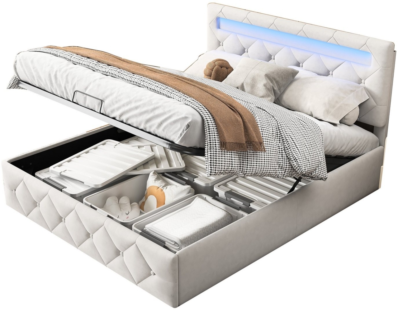 FUROKOY Polsterbett Doppelbett Stauraumbett Hydraulisch anhebbarer mit LED Licht Beige, 140x200 cm,Stauraum,Gepolstert,Samt,Bettkopf mit farbenfrohen Lichtern Bild 1