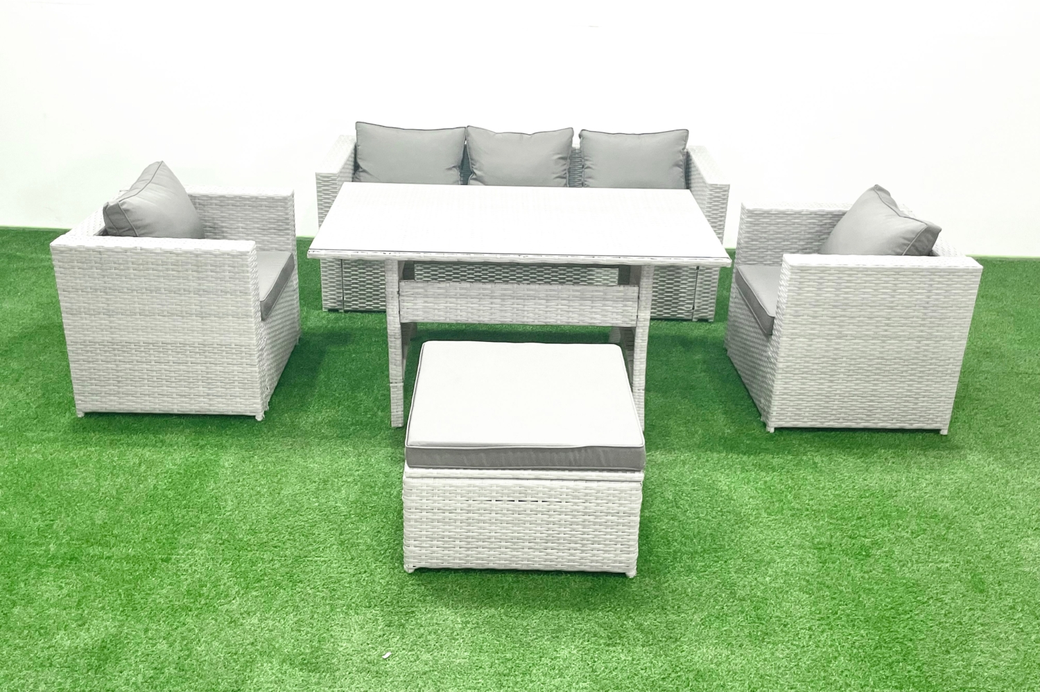 Fimous Gartenmöbel-Set aus Rattan mit Sofa Esstisch 2 Sesseln Großer Fußhocker Hellgrau gemischt Bild 1
