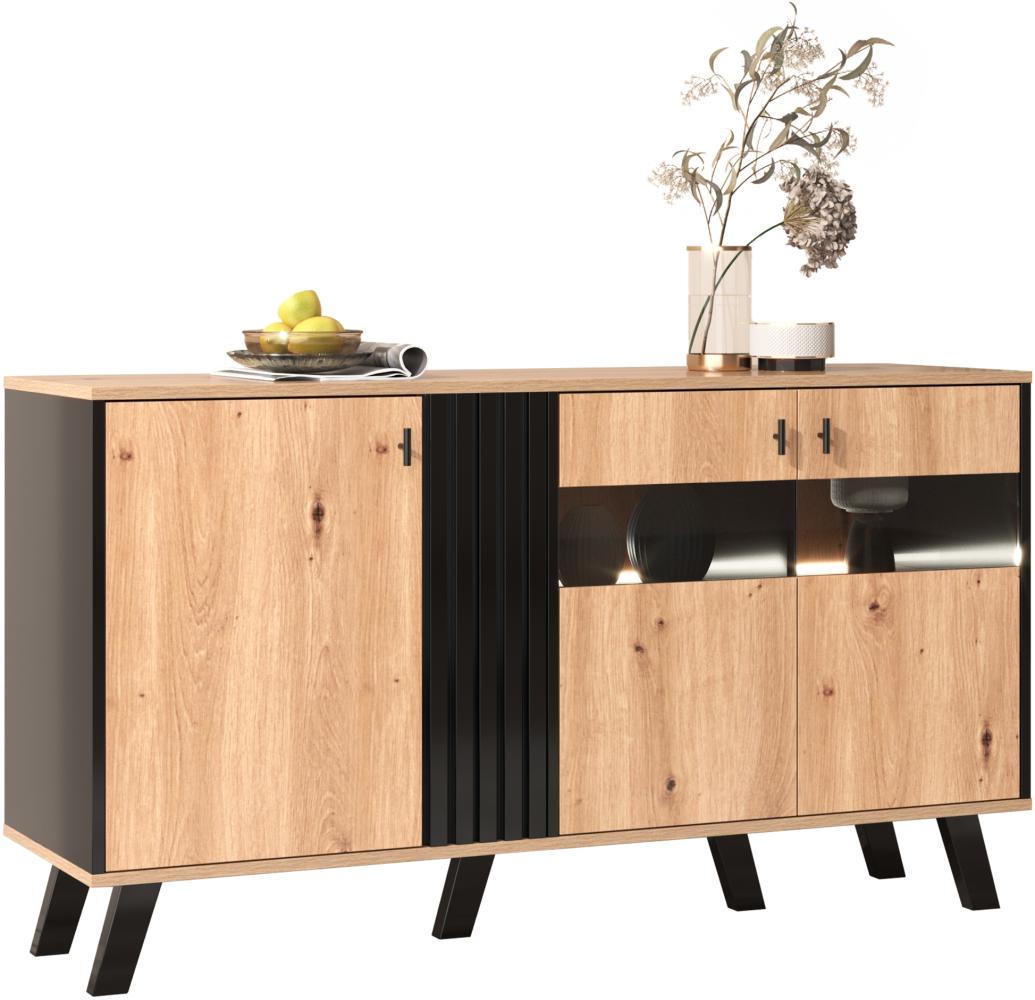 Merax 140 x 78 x 41 cm großes Sideboard mit Stauraum, Schrank mit LED-Licht und Glas, Holz und Schwarz Bild 1