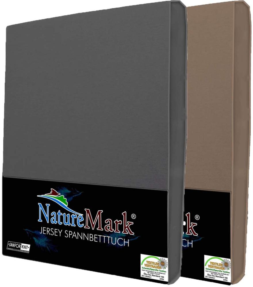 NatureMark 2er Pack Jersey Spannbettlaken, Spannbetttuch 100% Baumwolle in vielen Größen und Farben MARKENQUALITÄT ÖKOTEX Standard 100 | 120x200 cm - Anthrazit/Sand Bild 1