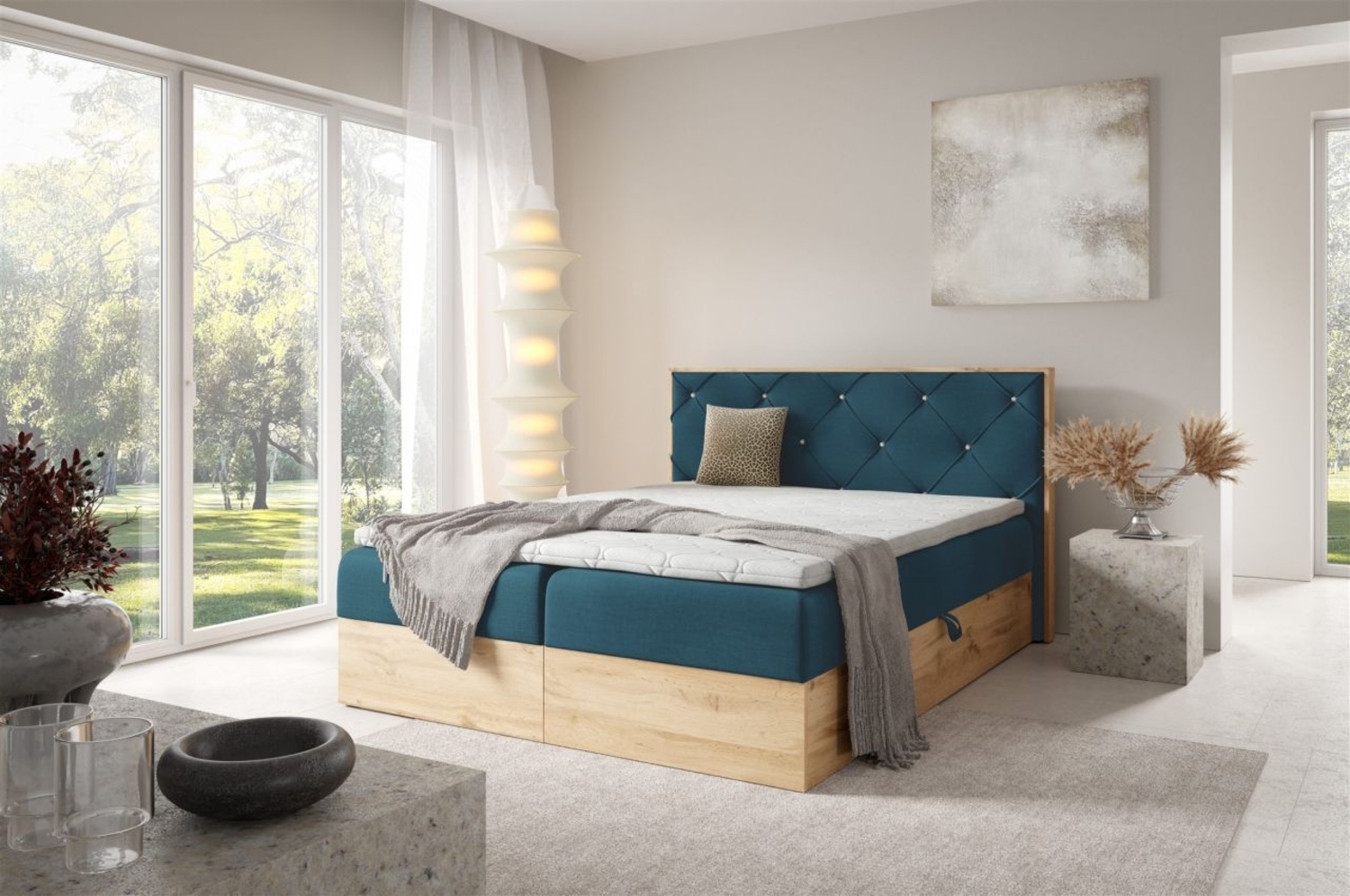 Boxspringbett Schlafzimmerbett HELIOS PREMIUM 140x220 cm in Stoff Rouge Dunkelblau Bild 1