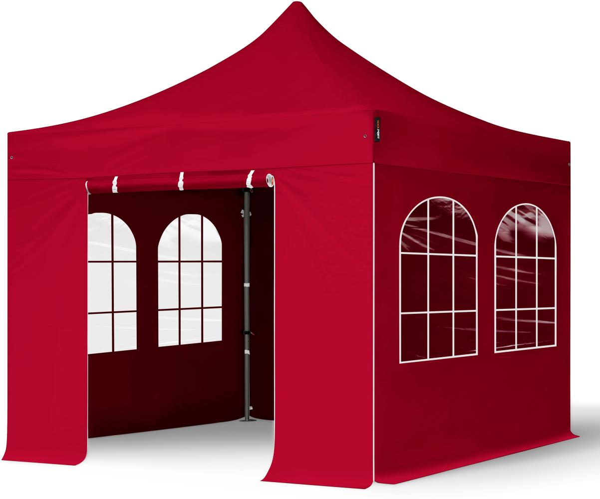 3x3 m Faltpavillon, PREMIUM Stahl 40mm, Seitenteile mit Sprossenfenstern, rot Bild 1