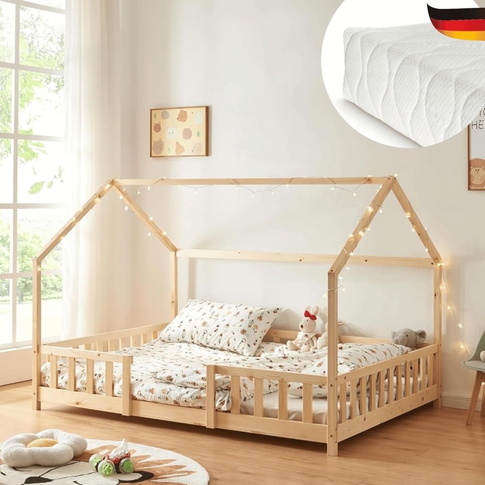 DELUKE® Kinderbett 120x200 cm LULO - Inkl. Matratze Lattenrost Rausfallschutz Einzelbett Hausbett Kinderzimmer Bodenbett Kinder Bett Klein Montessori Bett Braun Bild 1