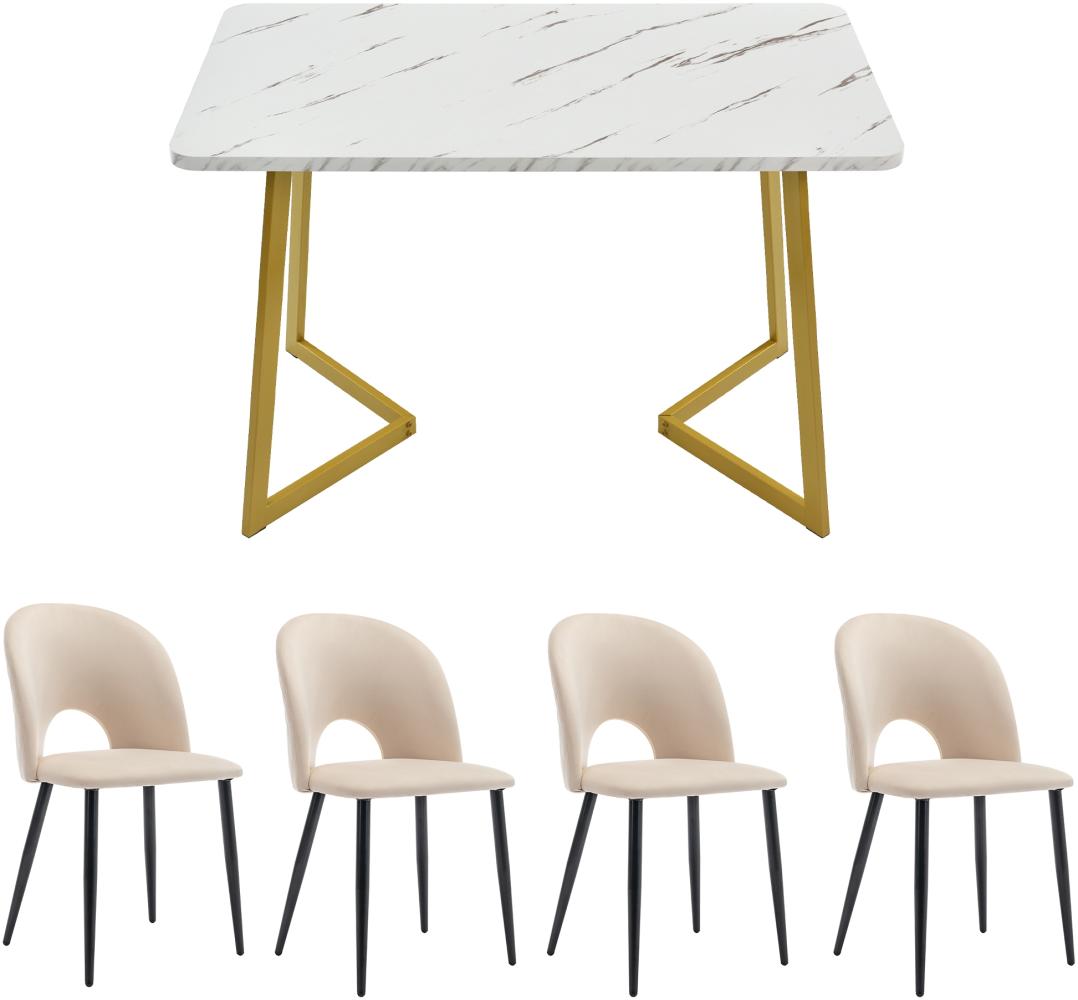 Merax Essgruppe, (Set,117×68cm Esstisch mit 4 Stühlen), Verstellbare Stuhlbeine, Beige Samt, Golden Tischbeine Bild 1