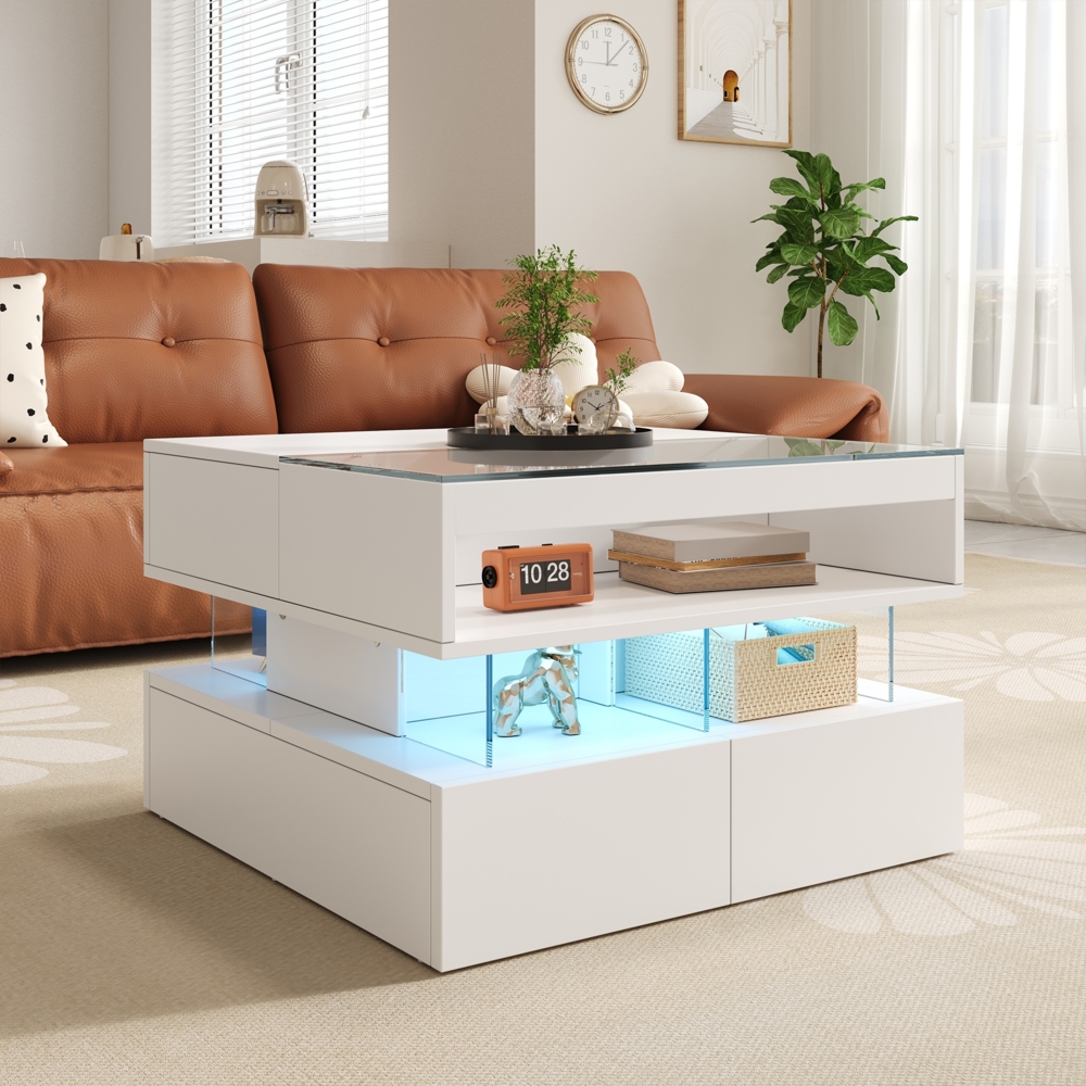 Couchtisch mit Glasplatten und Acrylhaltern,70×67×57 cm, Weiß,modernes Design, viel Stauraum Bild 1