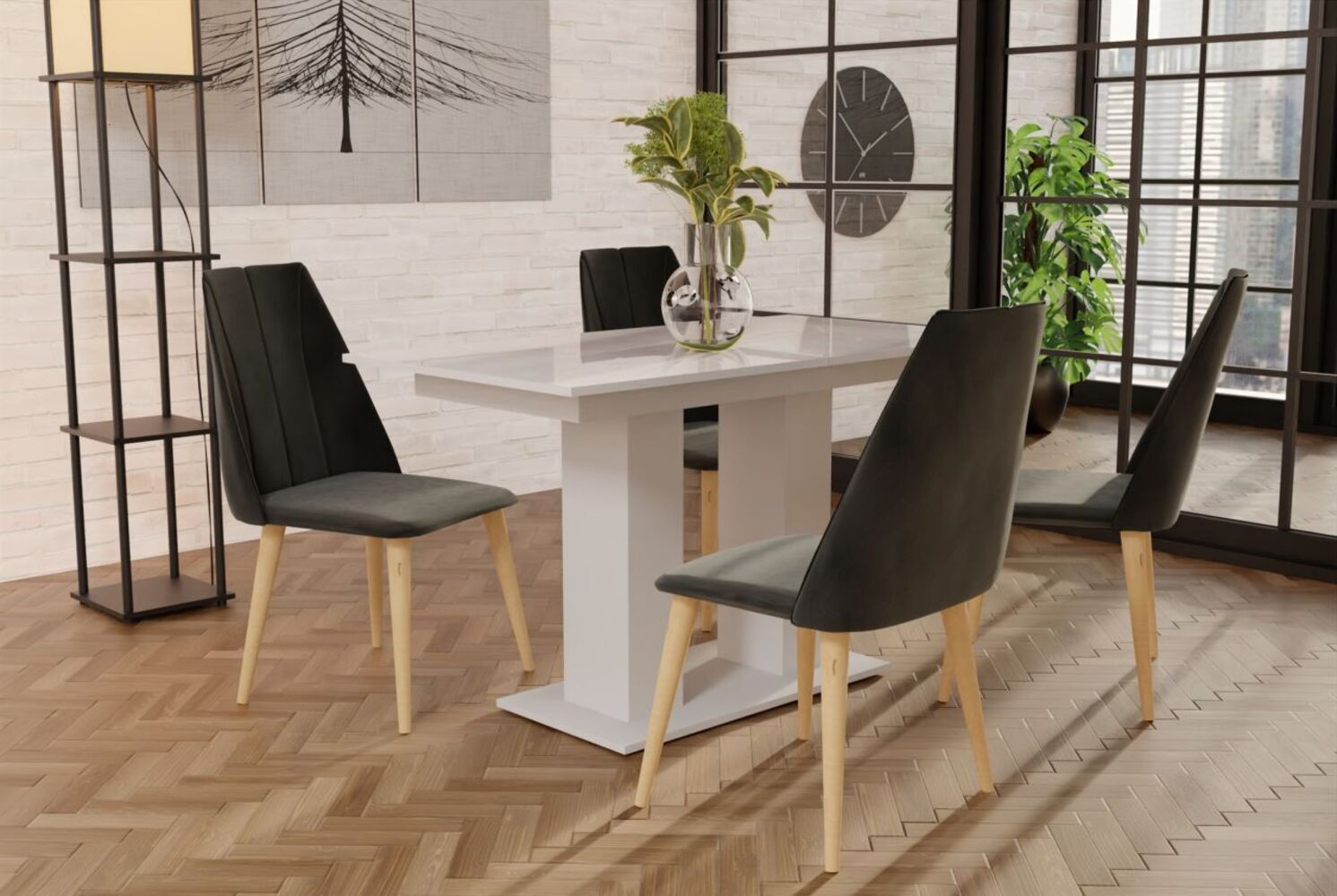 Essgruppe Weiss HGL-Tisch mit 4 Dunkelgrau CAROS Stühlen für Esszimmer oder Küche Bild 1
