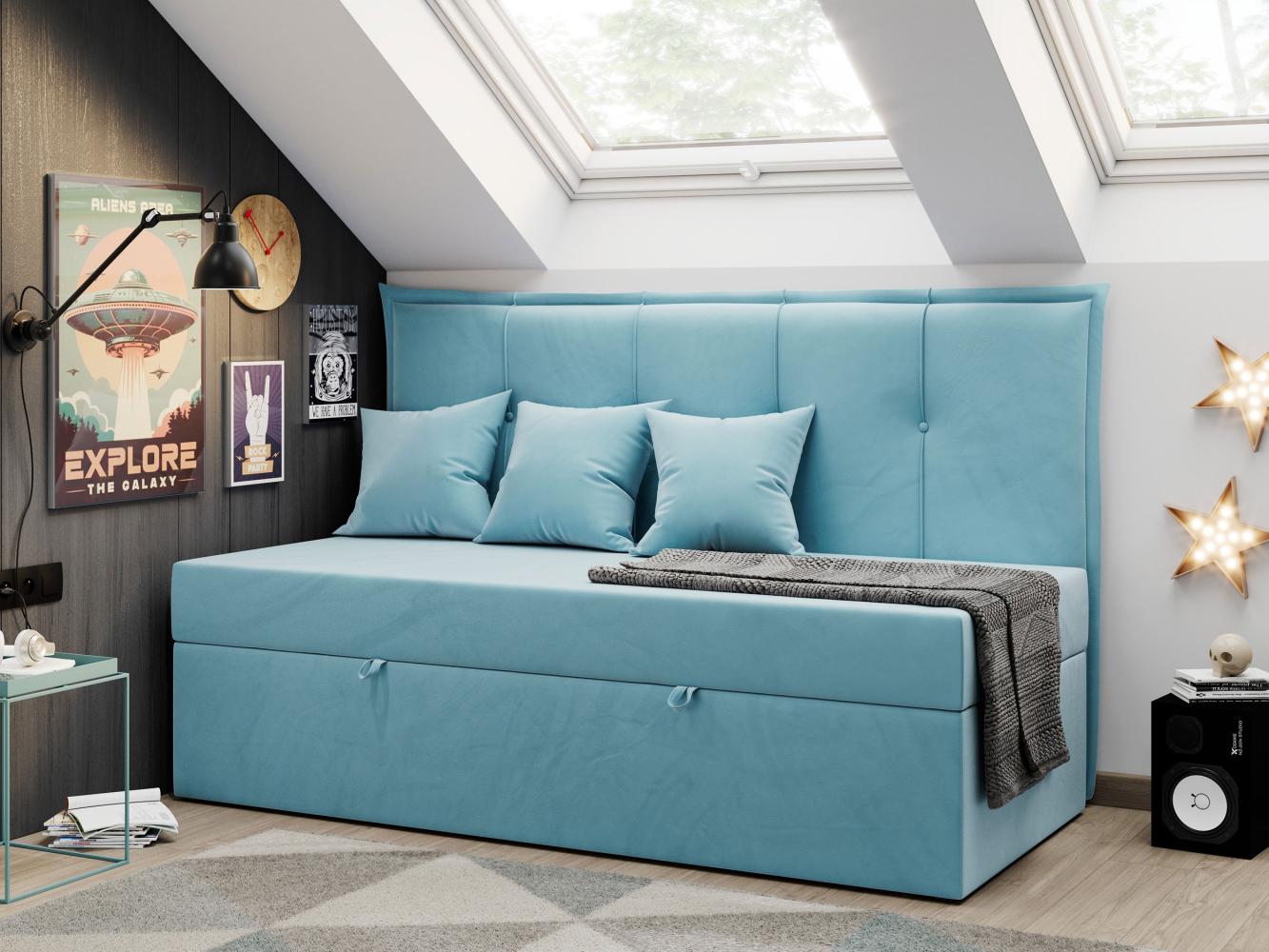 Kinderbett BANCO, Boxspringbetten für Kinderzimmer, Jugendbett, Einzelbett mit Matratze - Blau Velours - Topper Visco Bild 1