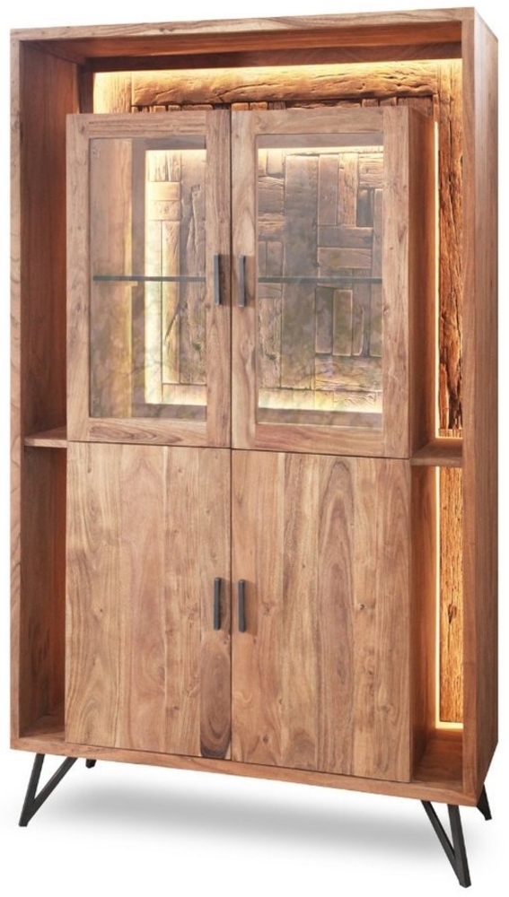 WOLF MÖBEL Küchenbuffet HUDSON Vitrine 2 Glas-/ 2 Holztüren / 1 Glasboden / Licht (115 x 40 x 195 LxBxH (cm) soft close, LED-Beleuchtung Bild 1