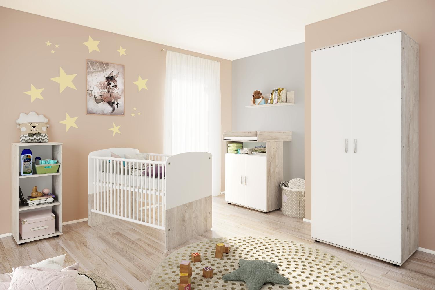 Lani Set 4: best. aus Babybett, Kommode, Wickelaufsatz, Wandboard, Regal mit 3 Fächern und Kleiderschrank 2-trg. Bild 1