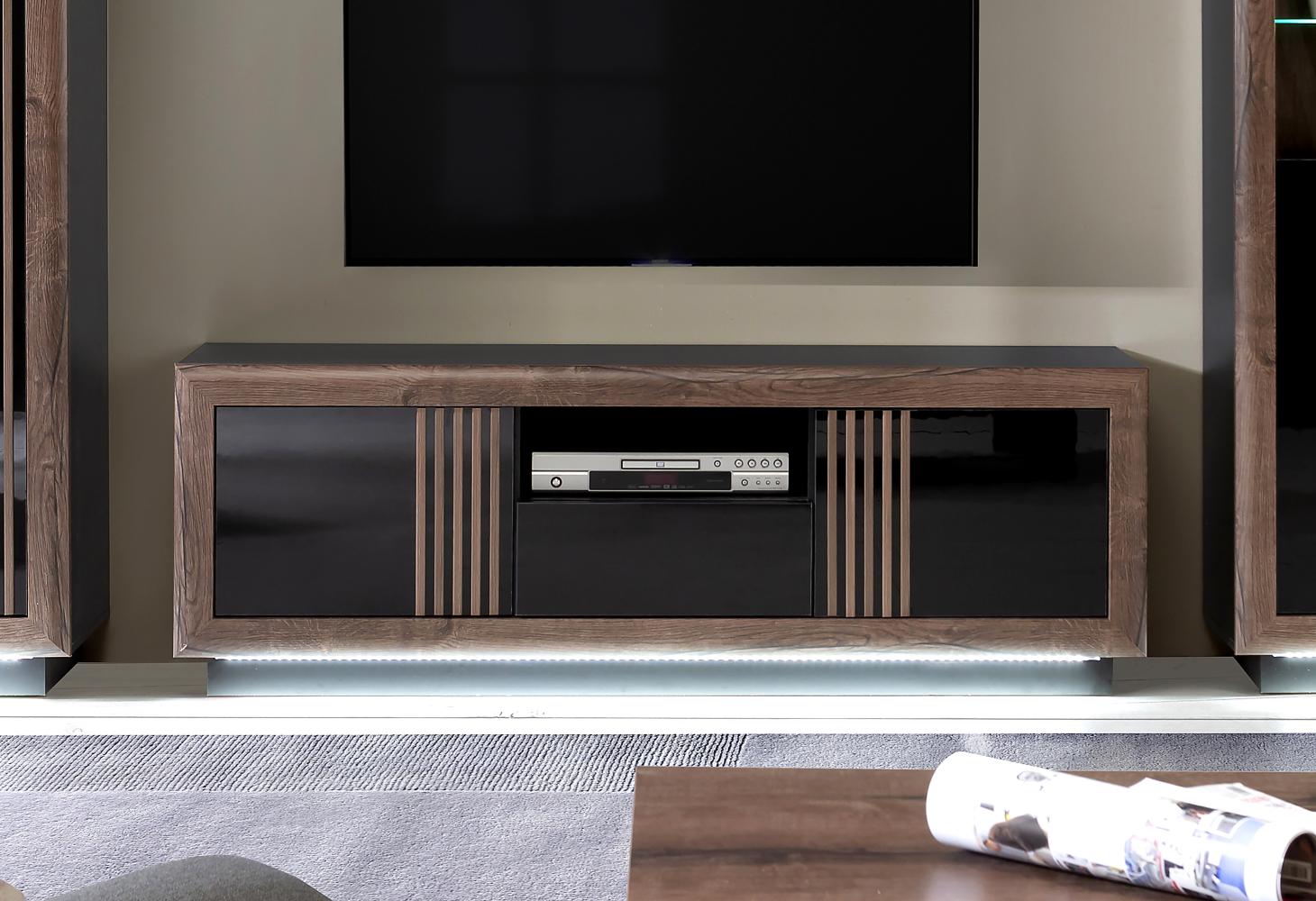 FORTE Savona TV-Unterschrank mit LED Beleuchtung, Holzwerkstoff, Schwarz/Braun, 162,7 x 56,2 x 42,3 cm Bild 1