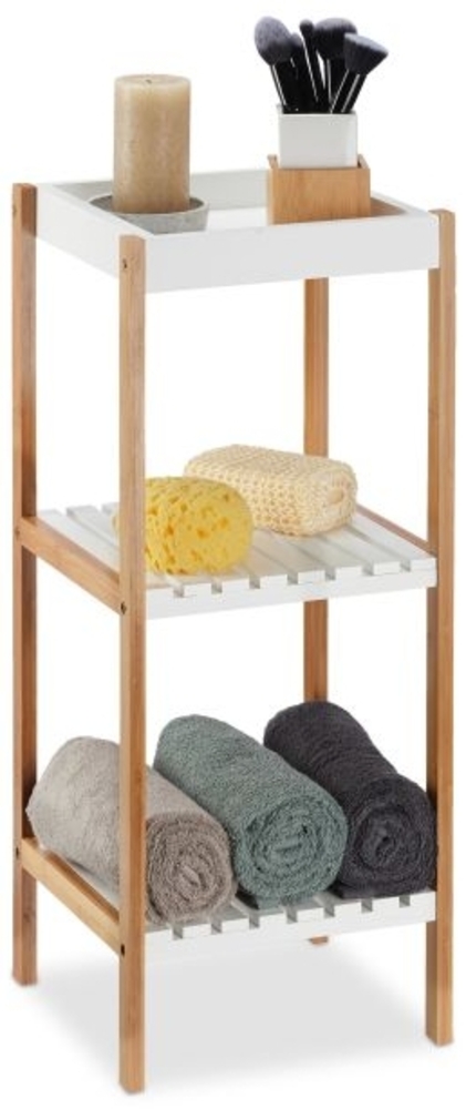 Relaxdays Badregal mit 3 Ablagen, Bambus / MDF, natur / weiß, 30 x 29 x 72 cm Bild 1