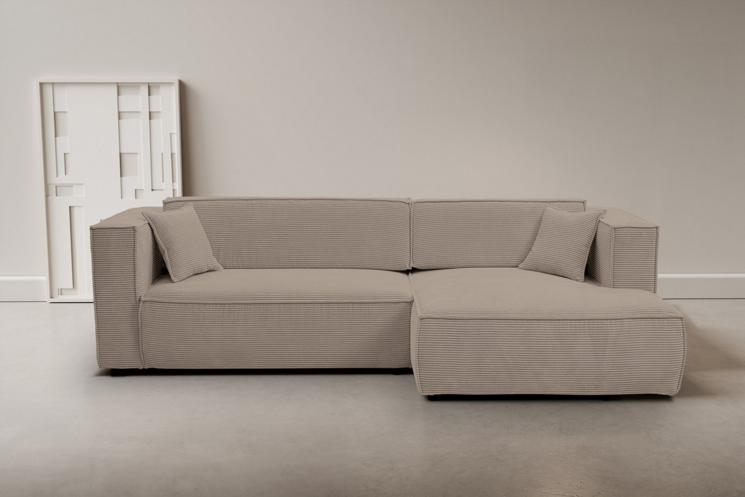 WERK2 Ecksofa Atlanta, moderne Designsprache, Stellmaße 280x147 cm, L-Form, Kedernaht, hoher Komfort, Schlaffunktion & Bettkasten, Cord, Greige Bild 1