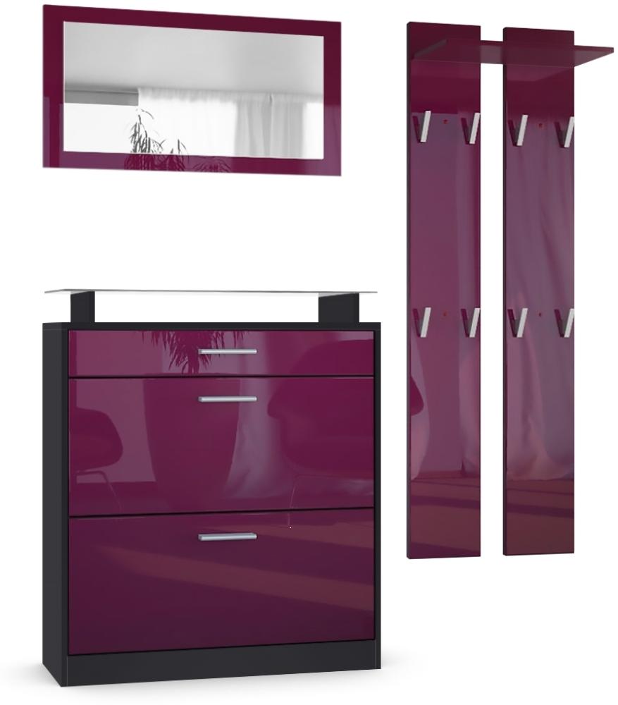 Vladon Garderobe Loret mini, Garderobenset bestehend aus 1 Schuhschrank, 1 Wandspiegel und 2 Garderobenpaneele, Schwarz matt/Brombeer Hochglanz Bild 1