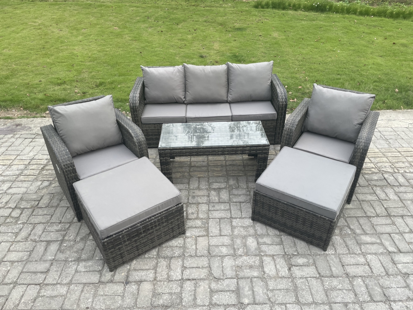 Fimous 7-Sitzer Hoher Rücken Rattan Gartenmöbel Sets mit Rechteckiger Couchtisch Liegestühle 2 hohen Hockern Bild 1