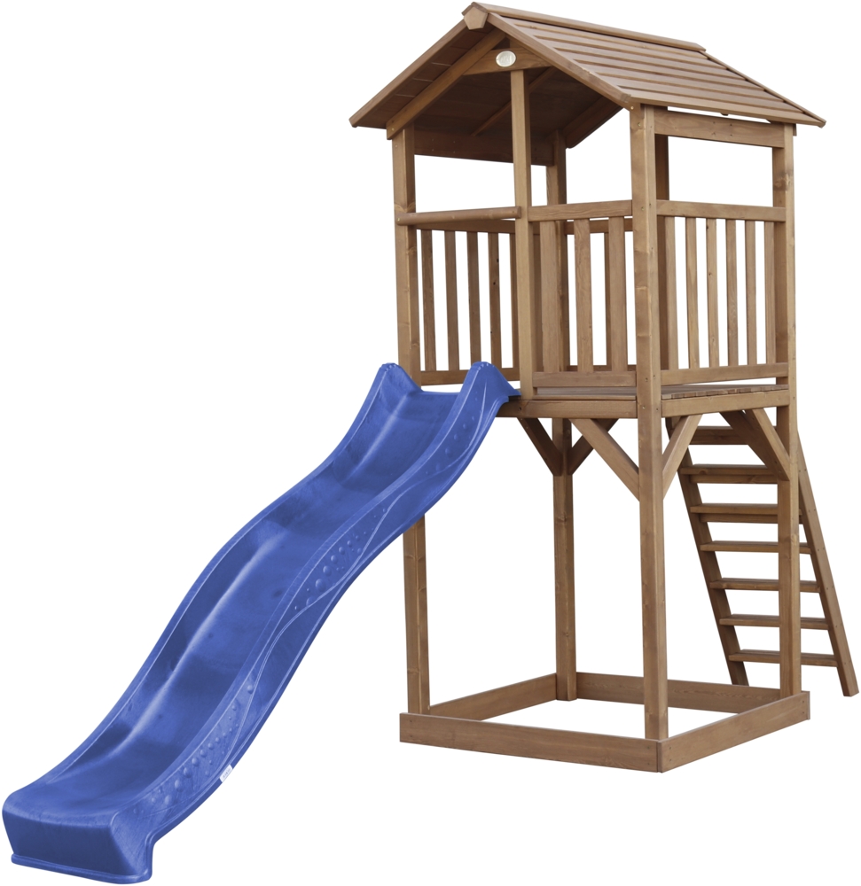 AXI Beach Tower Spielturm aus Holz in Braun Spielhaus für Kinder mit blauer Rutsche und Sandkasten | Braun, blau | Holz | 349 cm Bild 1