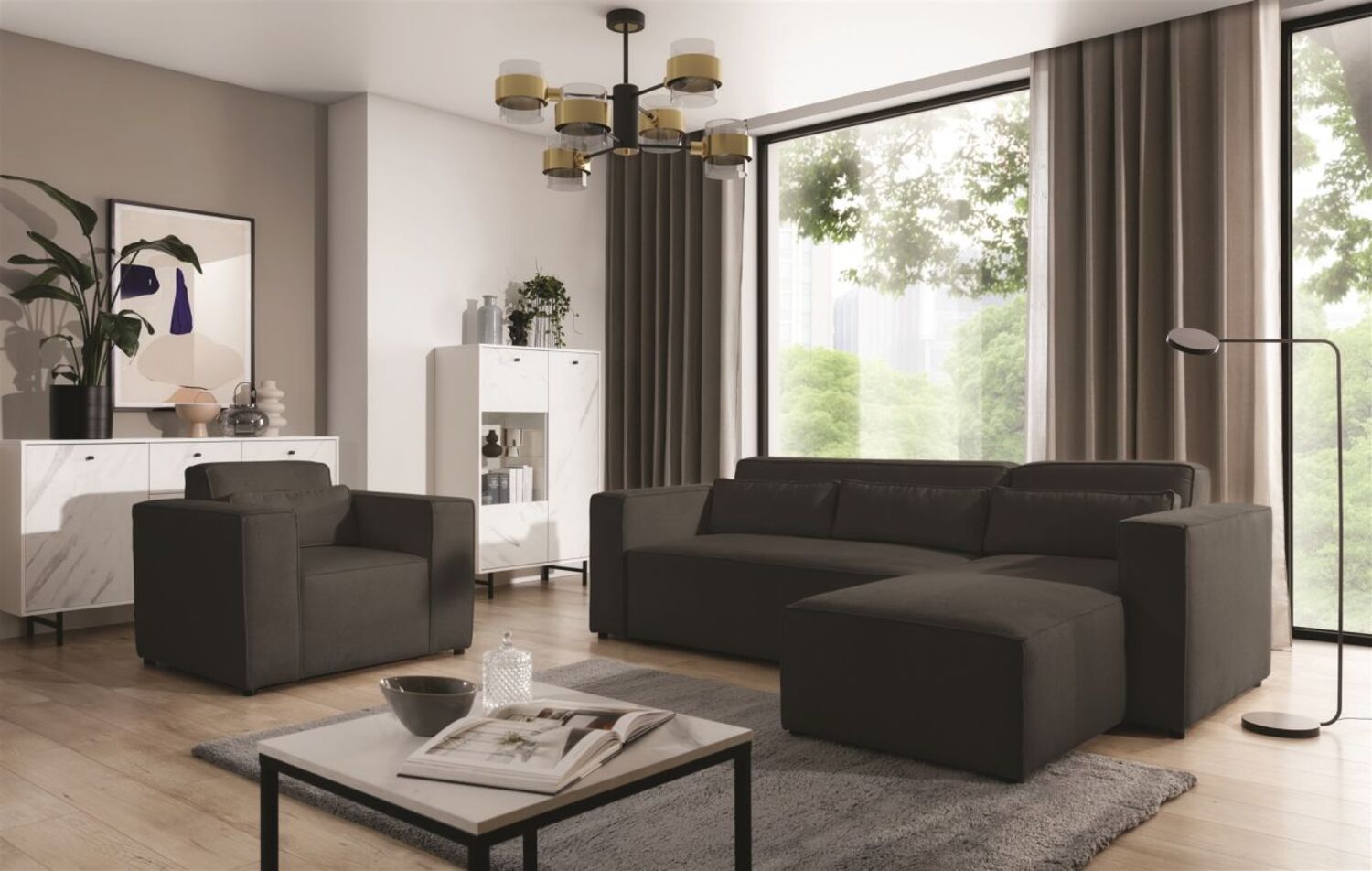 Ecksofa Schlafsofa inkl. Sessel WALDO Stoff Brooklyn Schwarz-Hell Ottomane Rechts Bild 1
