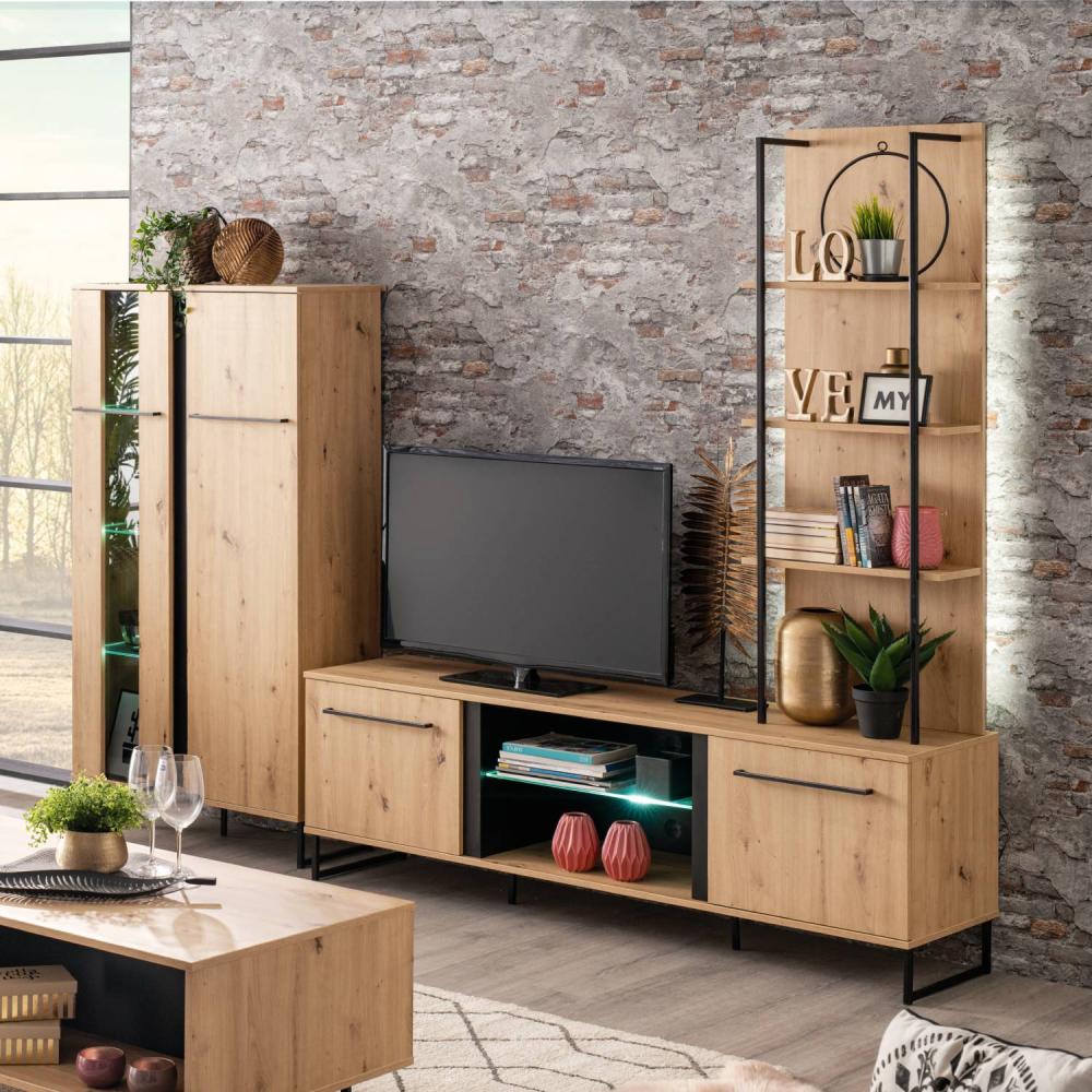 Homestyle4u Wohnwand 3 tlg. inkl. Highboard, TV-Board, Standregal, Holz natur Bild 1