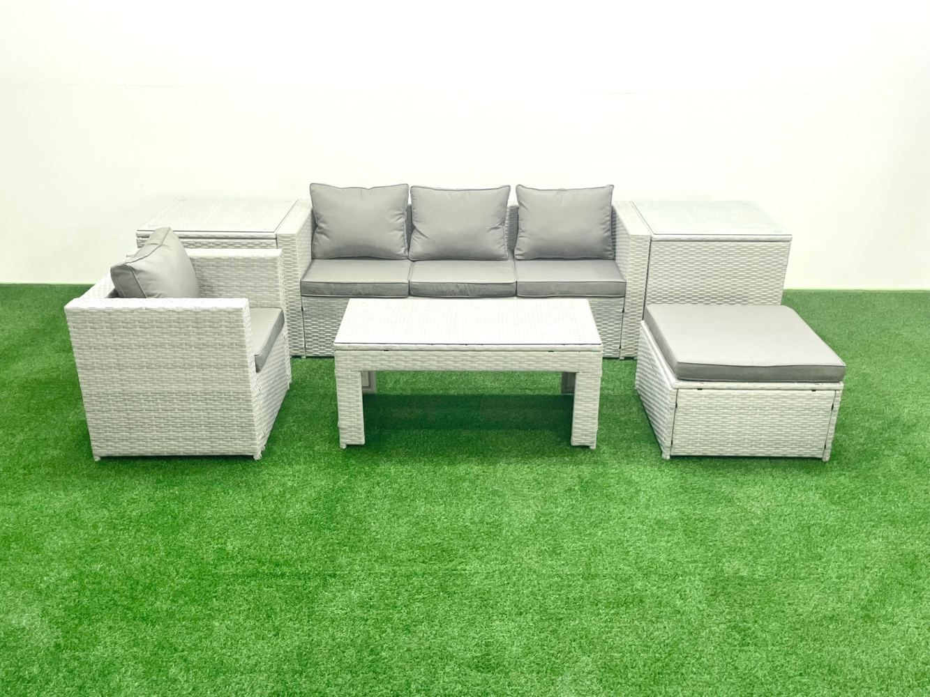 Fimous Polyrattan Gartenmöbelset mit Graue Kissen 5-Sitzer mit Sessel und Couchtisch Bild 1