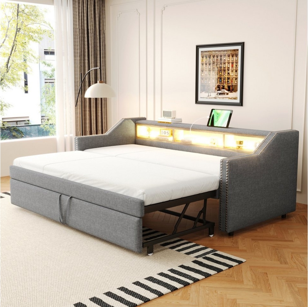 Merax Daybett, Polsterbett mit Ausziehbett, Schlafsofa mit LED und USB, 90/180x190 cm Bild 1