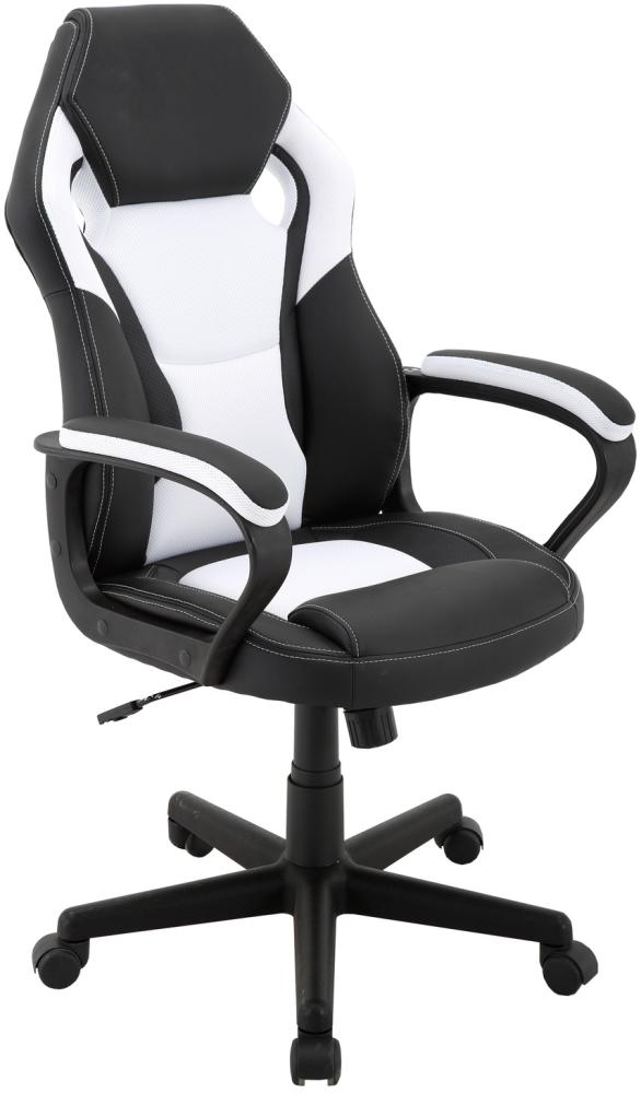 byLIVING Chefsessel Matteo / Gaming-Chair bis 110 kg belastbar /Kunststoff & Kunstleder schwarz /Armlehnen gepolstert /Applikation Mesh schwarz-weiß /Sicherheitsrollen / B 60, H 103-113, T 65 cm Bild 1