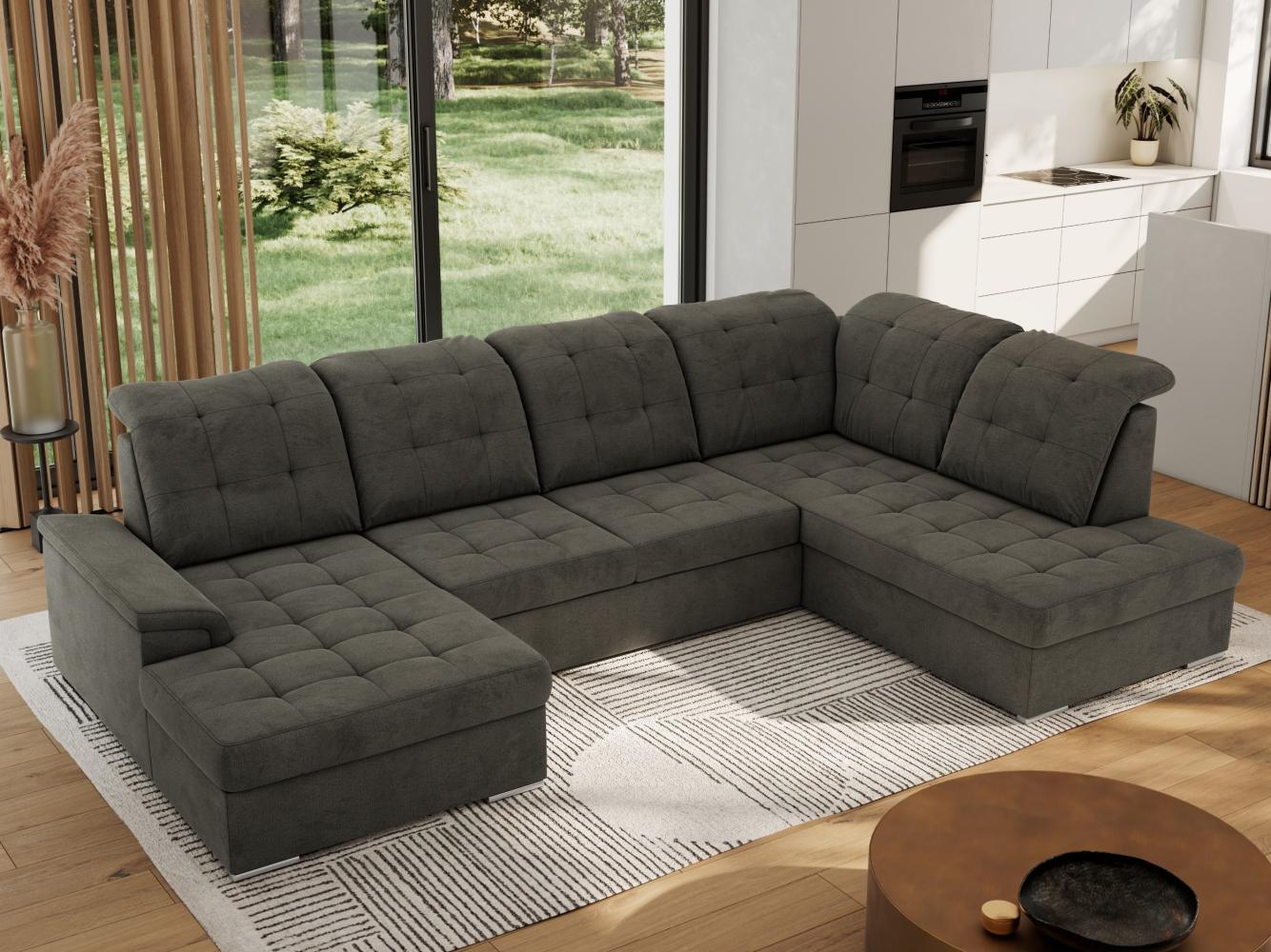 Ecksofa, Wohnzimmer U Couch, Polstersofa mit Bettkasten - MADRITO U - Dunkelgrau Velorus - Rechts Bild 1