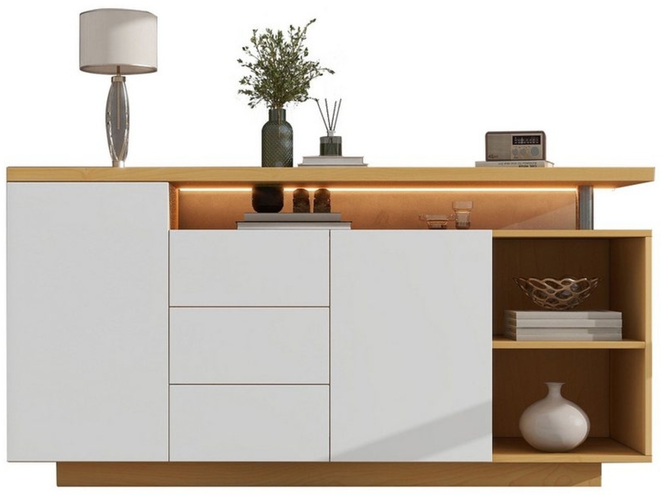 MODFU Sideboard Weiß mit Holzimitat (Kommode, Aufbewahrungsschrank, Organisator, 1 St, Türen, 3 Schubladen, 2 offene Fächer), weiß und Holzimitat Bild 1