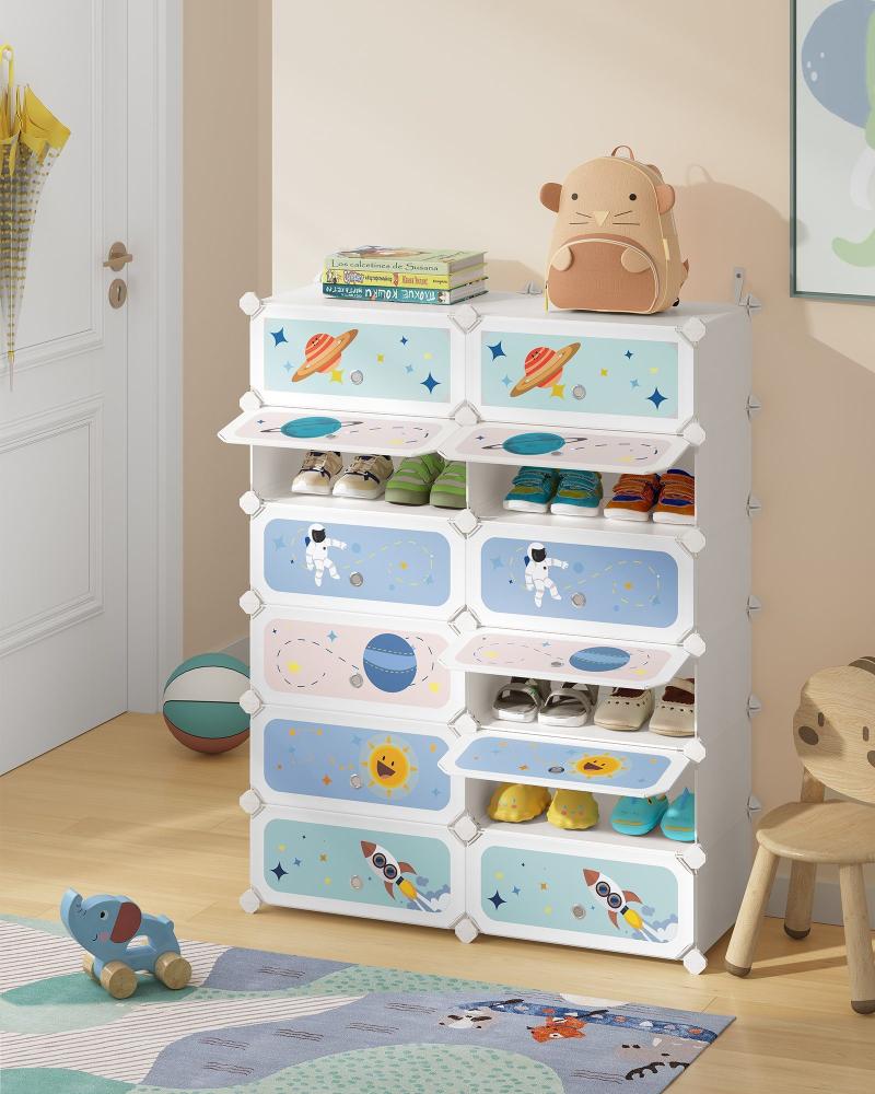 SONGMICS Schuhregal Kinder, Schuhschrank mit Türen, 12 Fächer, Schuh-Organizer stapelbar, Kunststoffregal für Spielzeug, Bücher, Kleidung, 31 x 81 x 106 cm, wolkenweiß LPC907W01 Bild 1