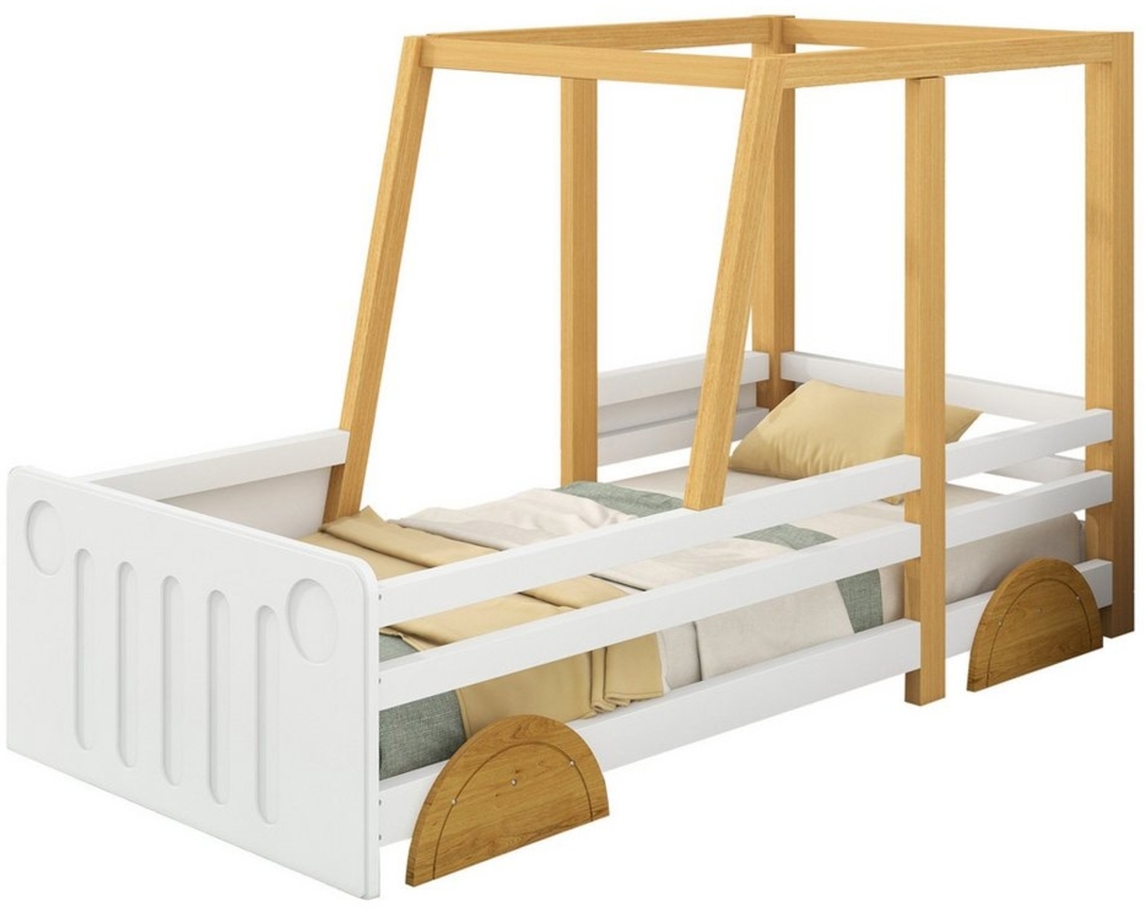 TavilaEcon Autobett Jeep-Bett Kinderbett Einzelbett mit MDF-Rädern, Rahmen aus Kiefer, Weiß+Natur, 90x200 cm Bild 1