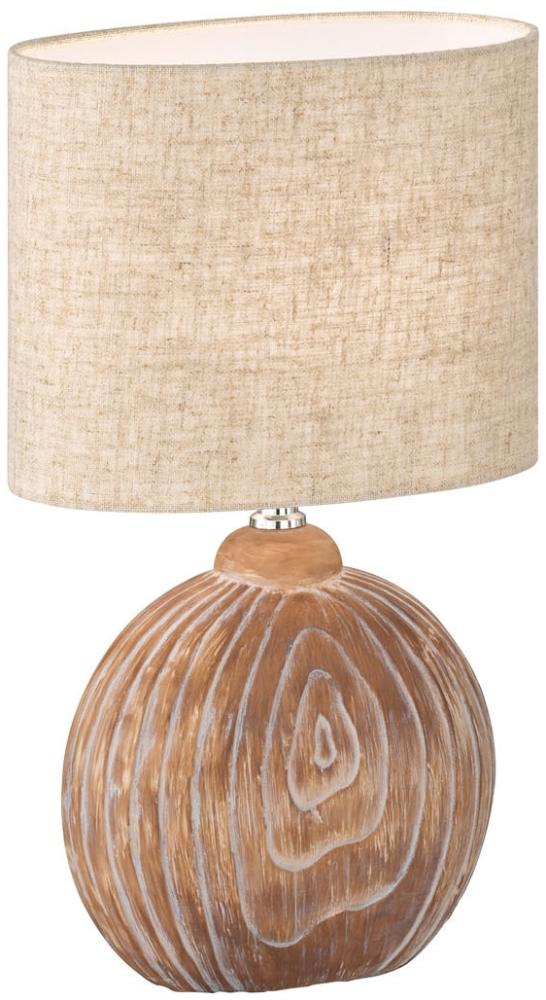 LED Tischlampe mit Keramikfuß Holzfarben & Lampenschirm Leinen Beige, Höhe 39cm Bild 1