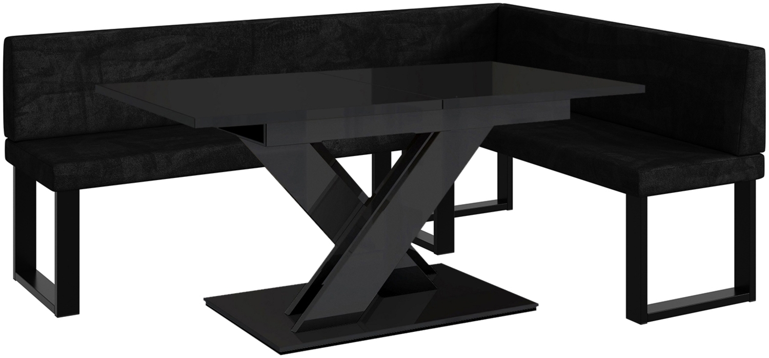 MEBLINI Eckbank für Esszimmer mit ausziehbarem Tisch - Küchenbank - Essecke - Sitzecke Küche - TONI - U-Beine 142 x 196 x 87 cm Rechts - Schwarz Samt/B Schwarz Hochgl. Bild 1