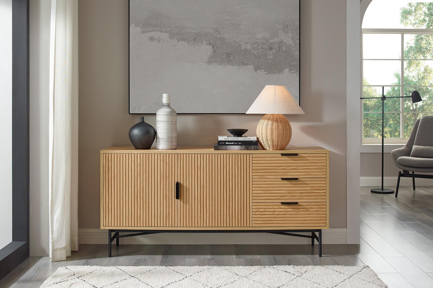 Sideboard 160 x 40cm MDF Eichenholzfurnier geriffelt mit Türen und Schubladen Bild 1