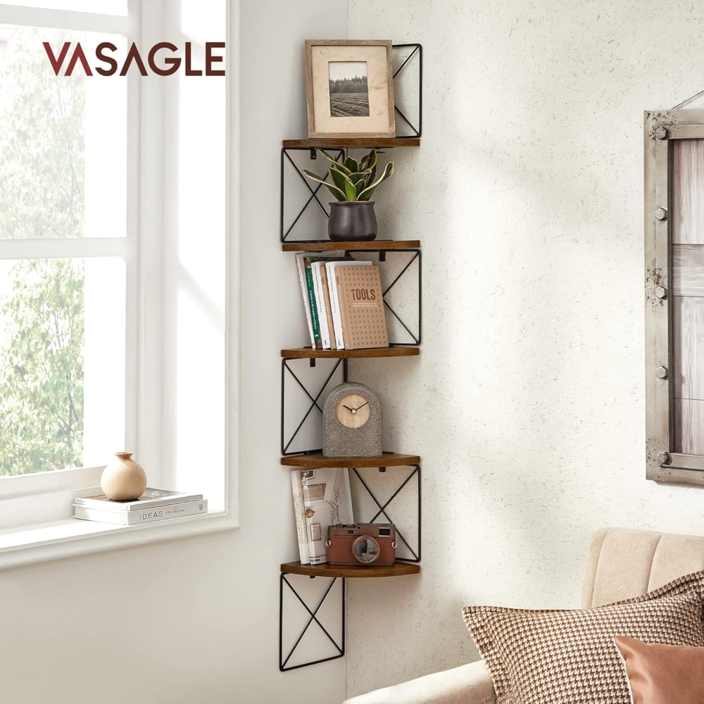 Vasagle Eckregal mit Zickzack-Design mit 5 Ebenen Stahl schwarz / Holzspanplatte vintagebraun, 20 x 20 x 127,5 cm Bild 1
