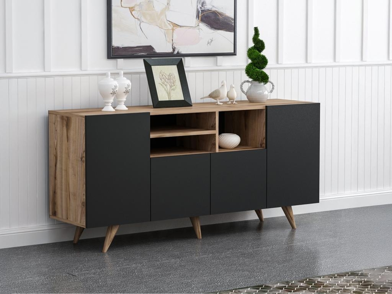 Vente-unique - Sideboard mit 4 Türen & 3 Regalfächern - Schwarz & Holzfarben - MOSTIA Bild 1