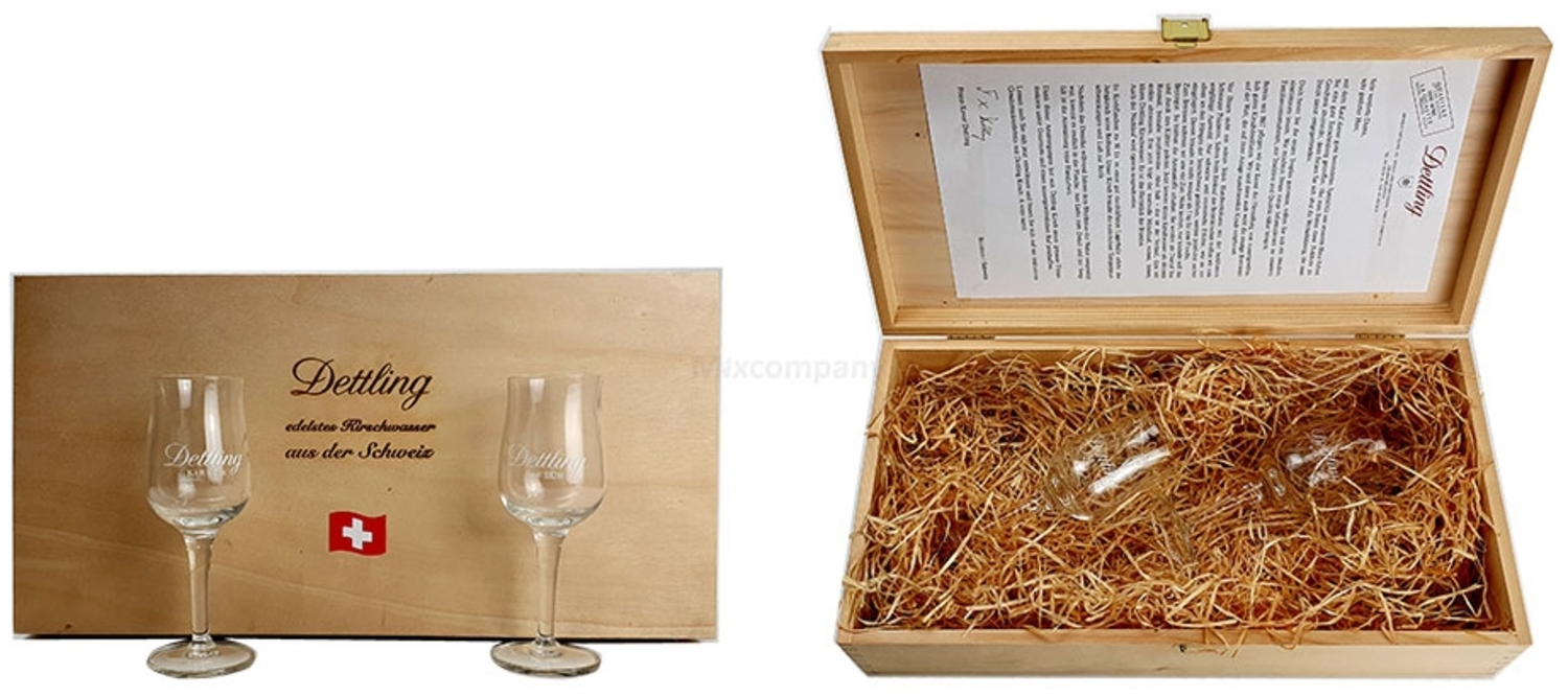 Dettling Holz box mit Gläsern - 2er Set Dettling Stielglas mit Holzkiste / Box Kirschwasser aus Schweiz Bild 1