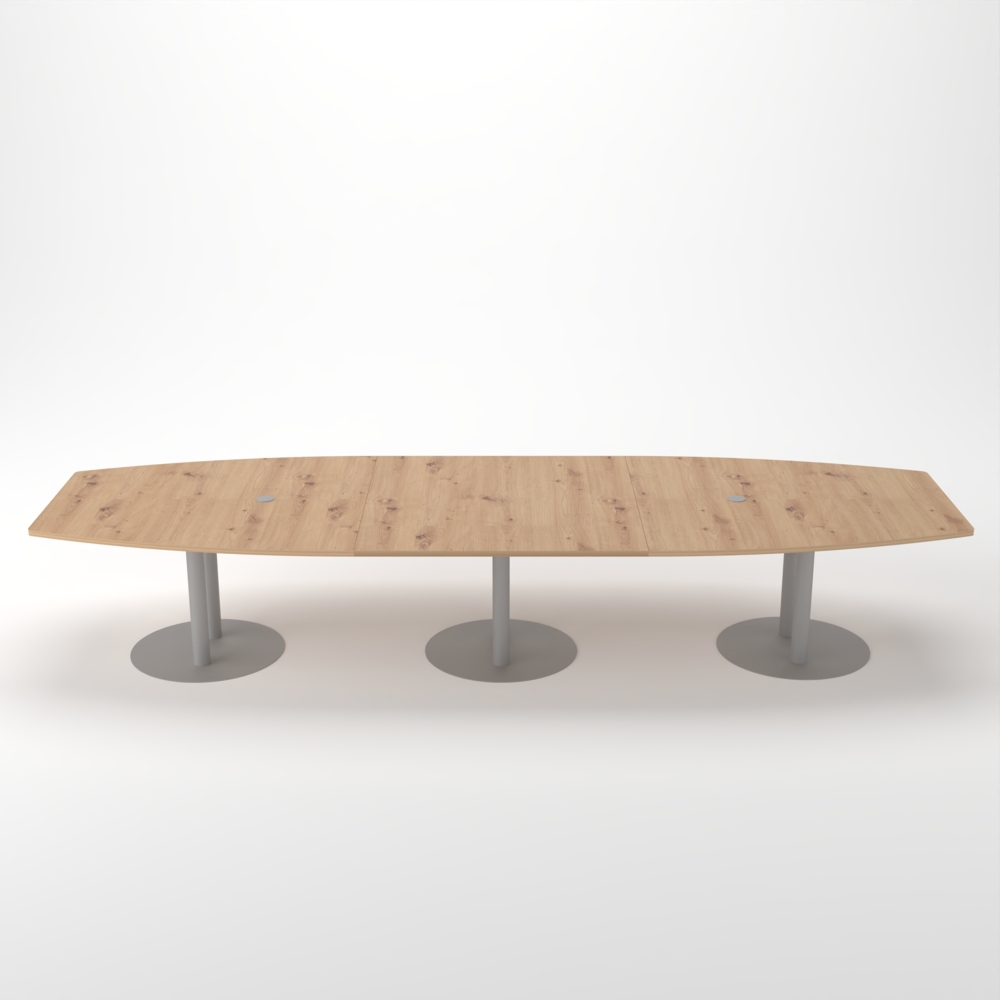 Rheinland Möbel Konferenztisch KONTI 400x130 cm – ovaler Besprechungstisch in Asteiche mit silbernen Säulenfüßen & 2 Kabelauslässen, erweiterbarer Meetingtisch für 12–14 Personen, moderner XXL-Tisch fürs Büro Bild 1