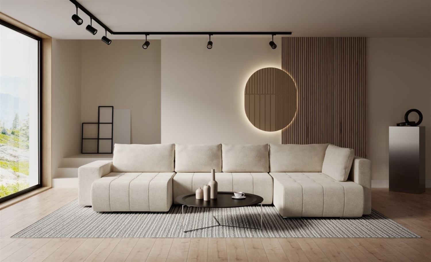 Wohnlandschaft Schlafsofa ARMANDA in Stoff Blur Creme langer Schenkel Rechts Bild 1