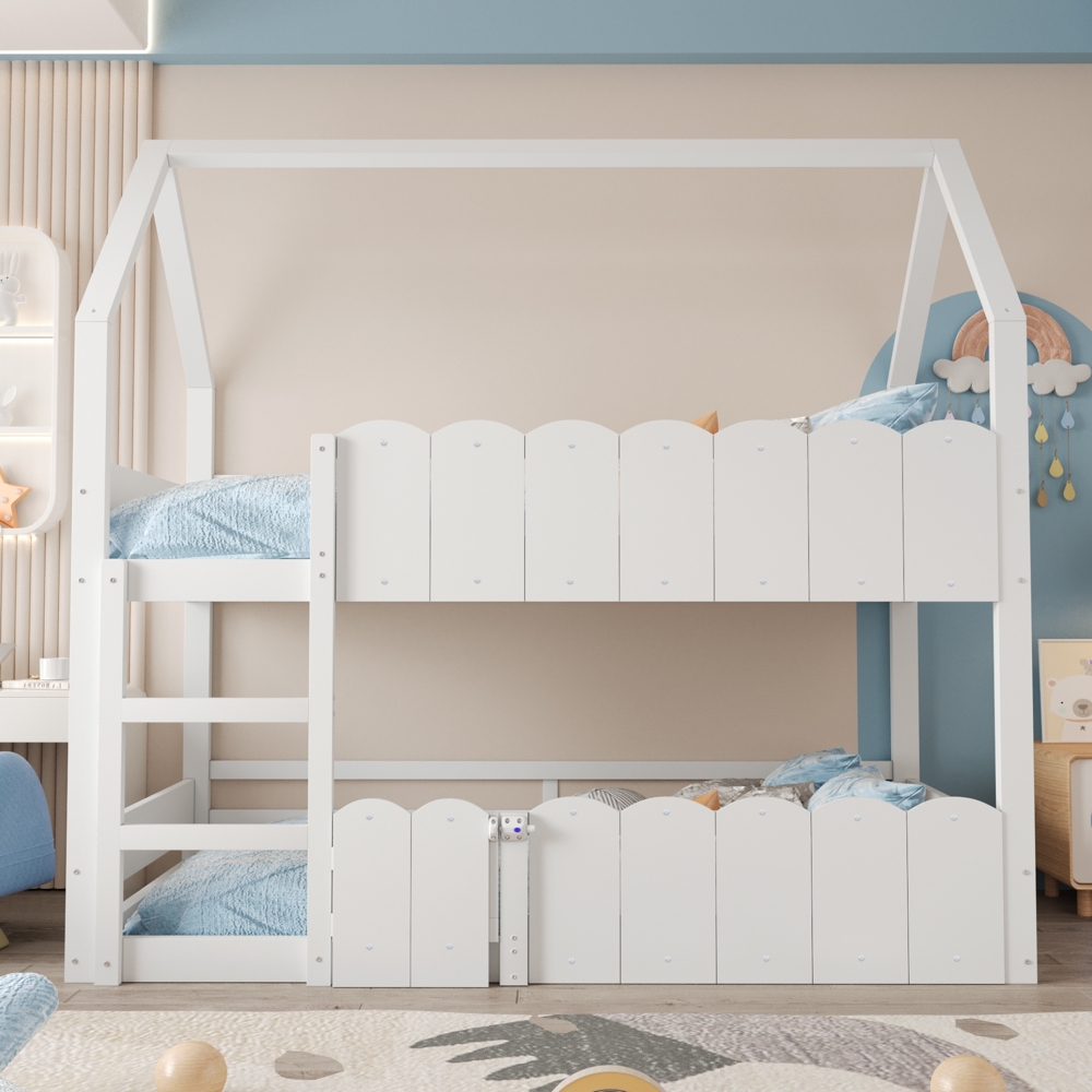 Kinderhochbett 90x200 Hausbett Etagenbett mit Spielbereich Tür Geländer Leiter Holz Jugendbett platzsparend,Weiß Bild 1