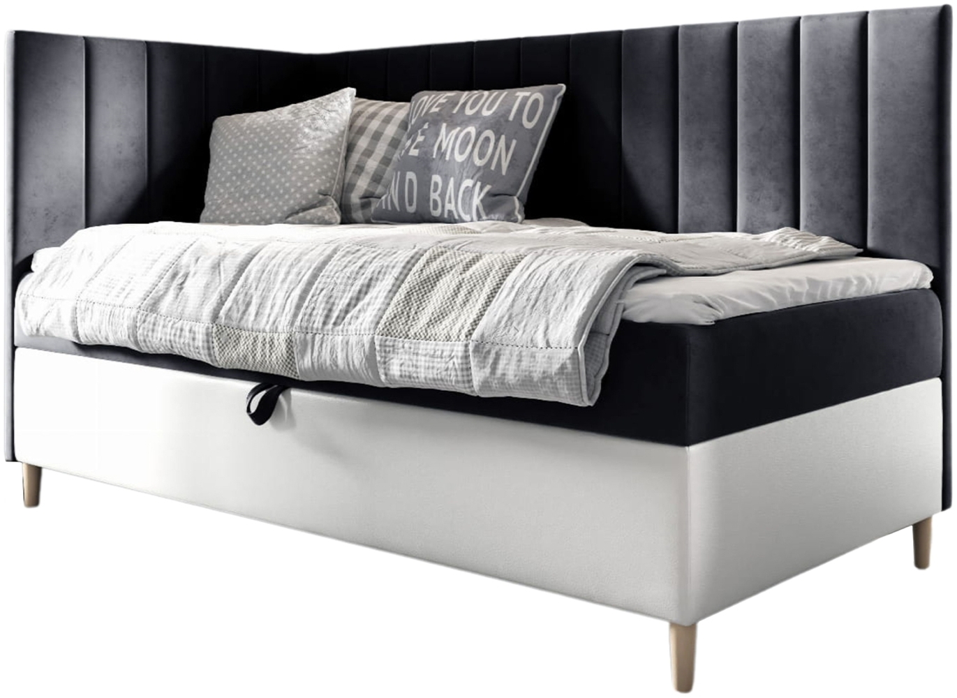 MEBLINI Kinderbett mit Bettkasten MAYA 3 90x200 Links – H3/Schwarz Samt Gepolstert Einzelbett mit Matratze - Polsterbett mit Stauraum - Bett mit Kopfteil – Stauraumbett Bild 1