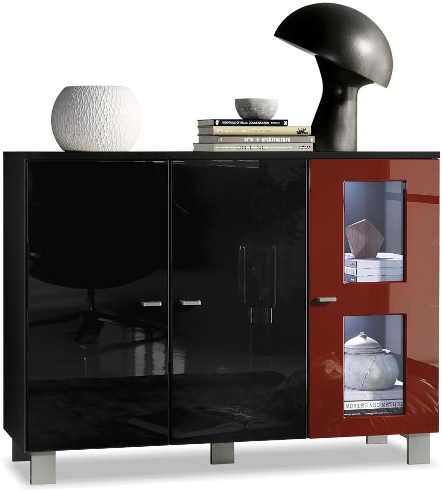 Vladon Sideboard Denjo, Kommode mit 3 Türen, Schwarz matt/Schwarz Hochglanz/Bordeaux Hochglanz, inkl. LED-Beleuchtung (107 x 81 x 35 cm) Bild 1