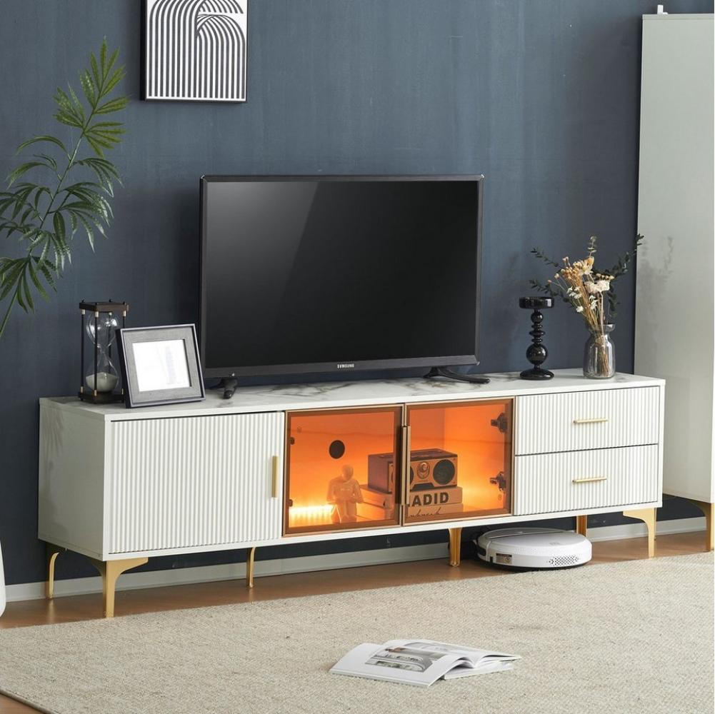 Merax Lowboard mit Glastüren und Schubladen, TV-Schrank mit LED,TV-Board mit goldenen Metallbeine,Fernsehtisch Bild 1