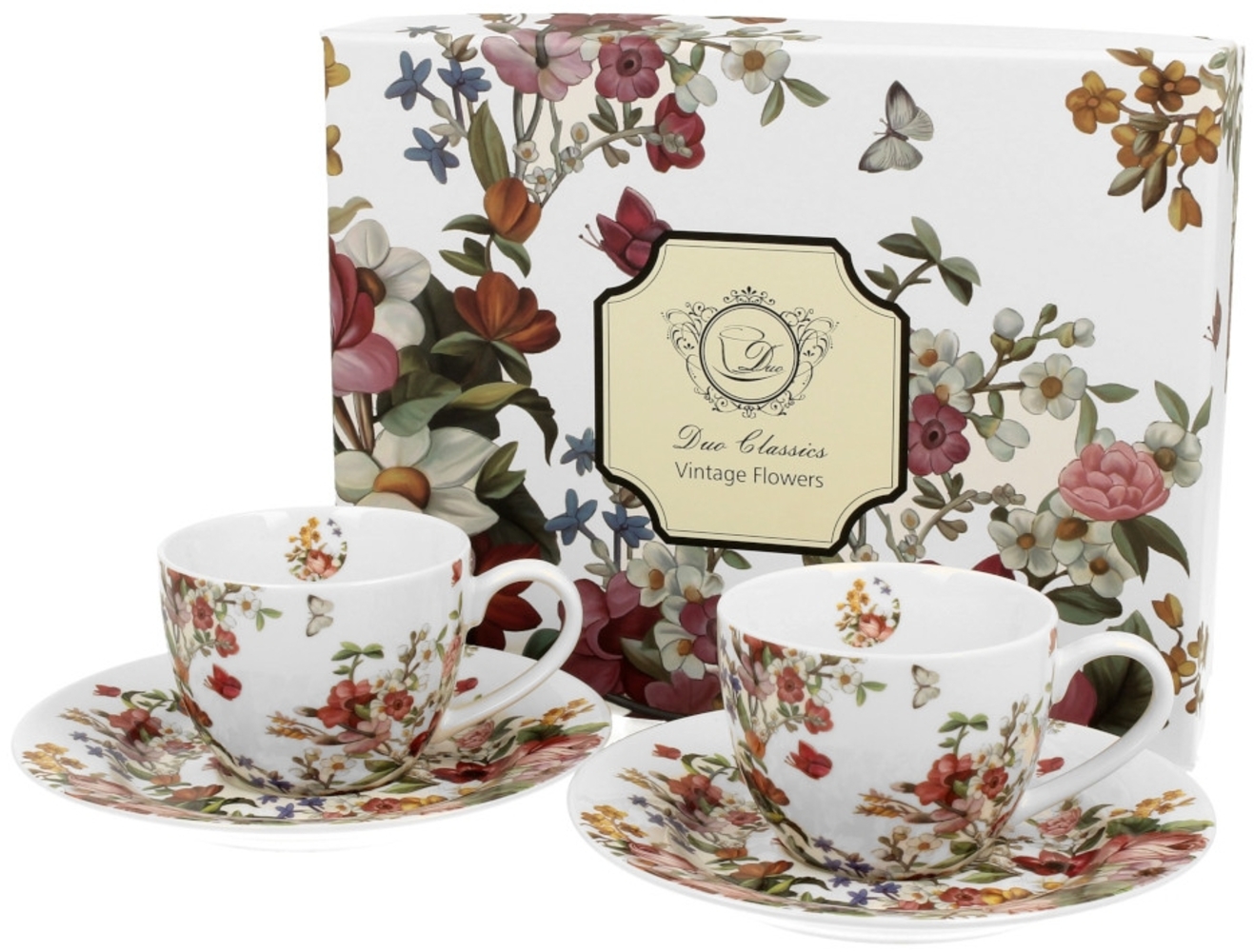 DUO FLORAL 2er-Set Espressotassen 90 ml VINTAGE FLOWERS WHITE mit Untertassen, New Bone China Porzellan Bild 1