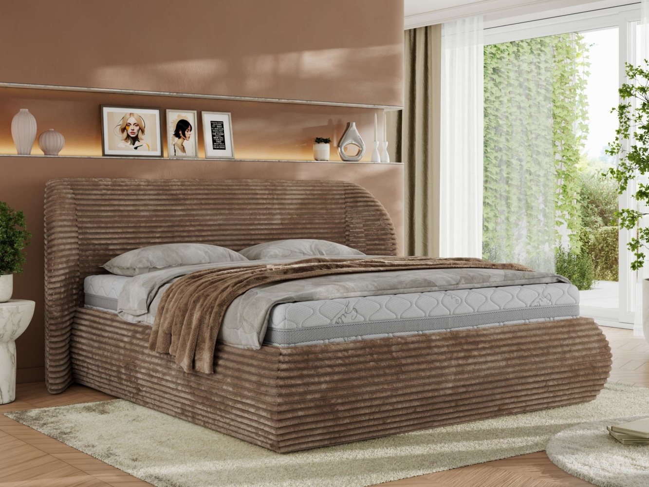 Polsterbett mit Lattenrost, Doppelbett Bettkasten, Bettgestell mit Gasdruckfeder Pocket Matratze - CAELA CLASSIC - 180 x 200 cm - Braun Cord - VIRE LUX Bild 1